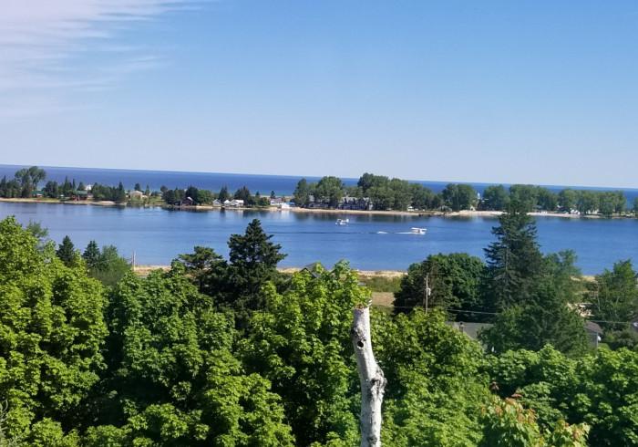 Overhead view of the Grand Marais harbor in West Bay